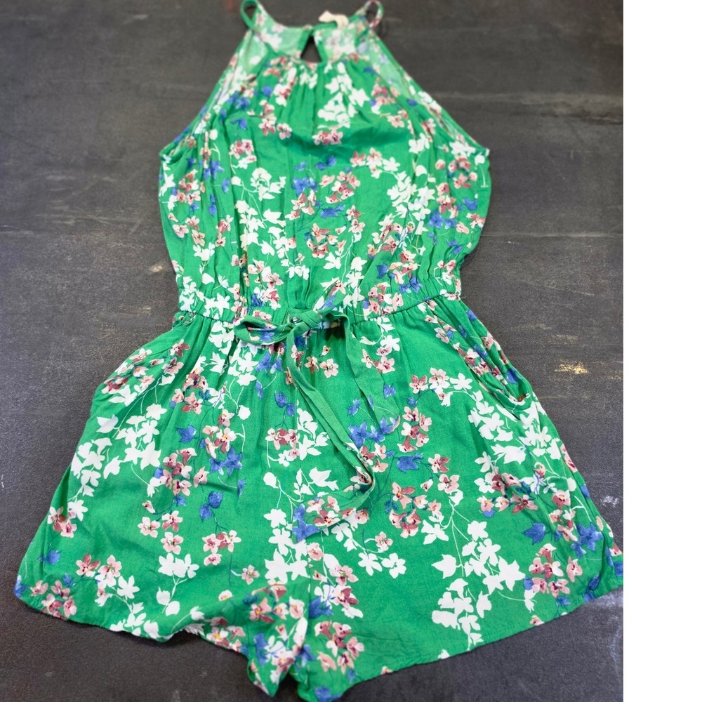 Bebop Green Floral Halter Romper Sleeveless Keyhole Back Cottage Festival Size S